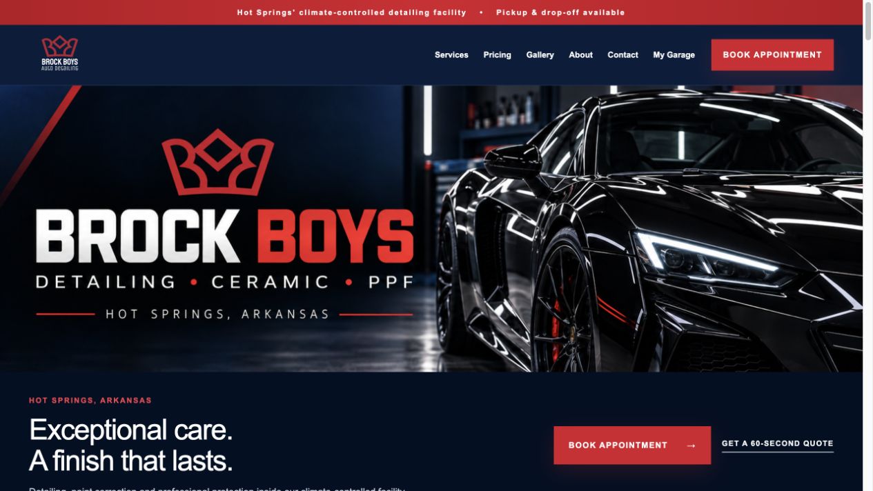 Brock Boys Auto Detailing website project displayed on a laptop-style screen